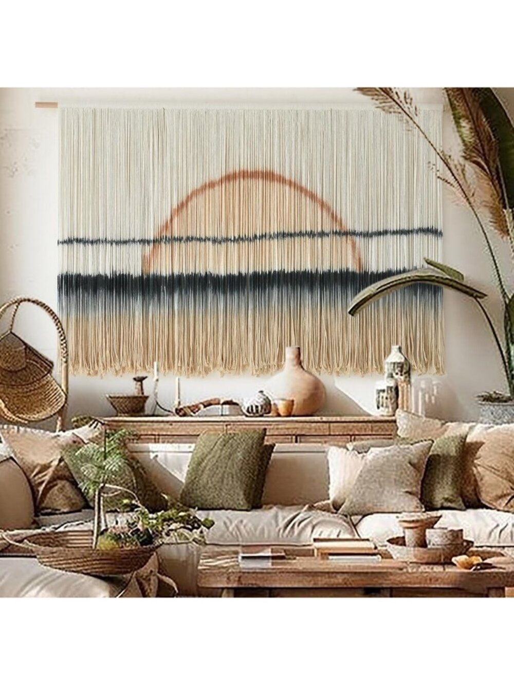 Boho Macrame Wall Hanging Tapestry, Sunset Dip Dye, Handmade Decor 57"x35